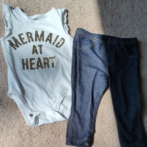 Carter's White Baby Onesie With Pants Mermaid At Heart In Gold Sequin